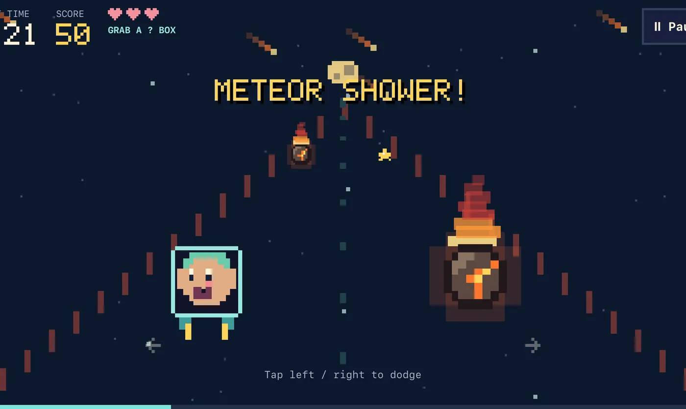 Flight on iPhone: a pixel face dodges fiery meteors during a meteor shower