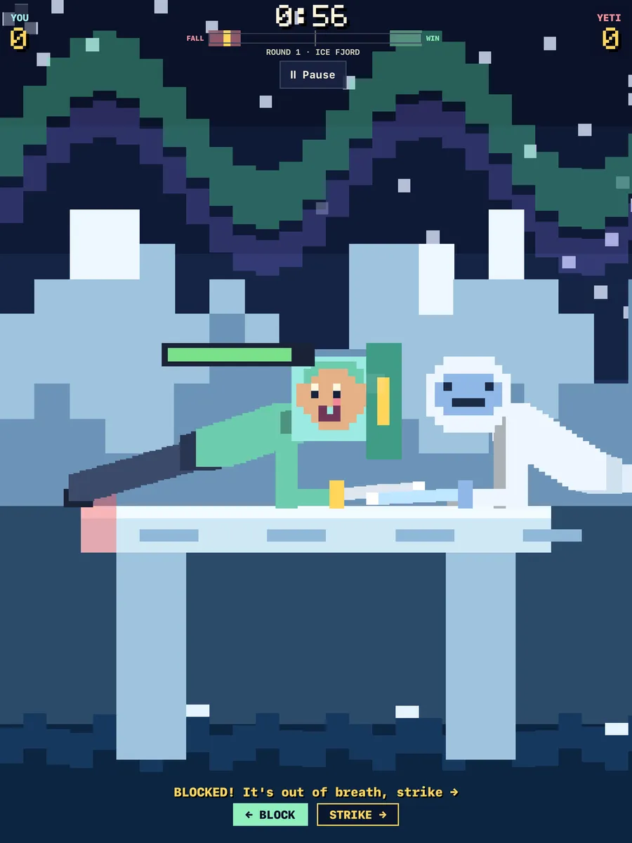 Plank Plank Plank! on iPad: a planking fighter blocks a yeti's sword on an ice bridge